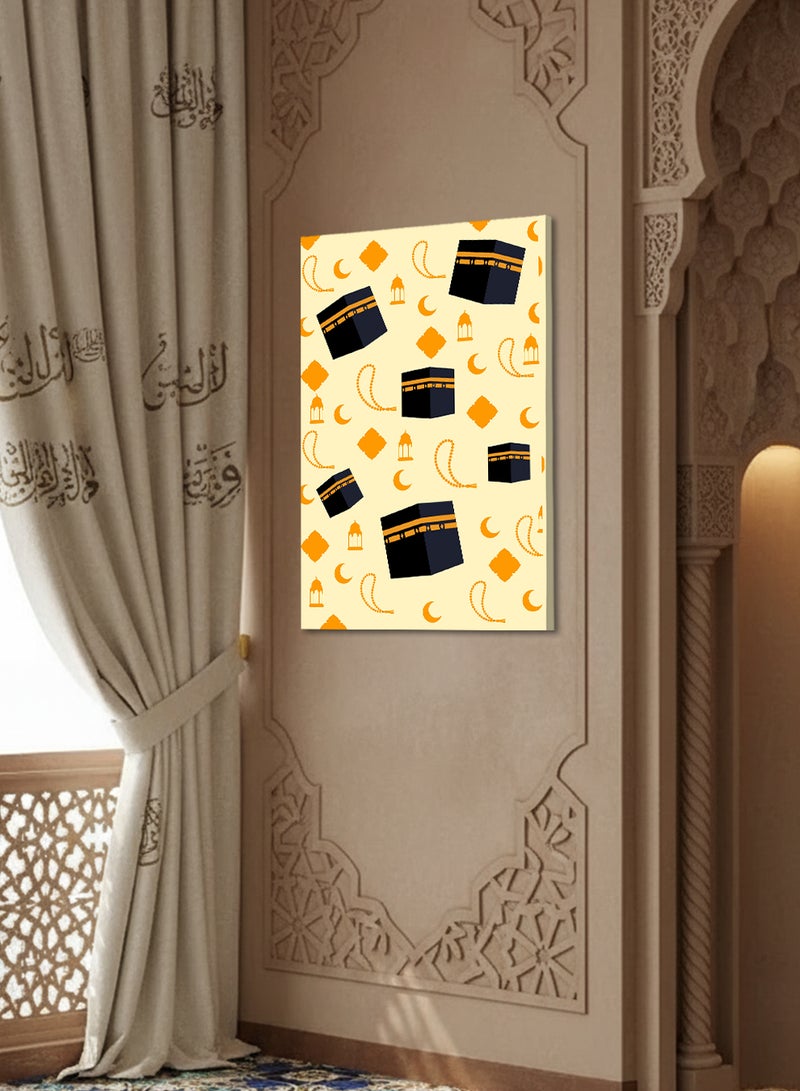 لوحة كانفاس على إطار خشبي بتصميم نمط الكعبة المشرفة وفانوس وهلال رمضان - Image 1